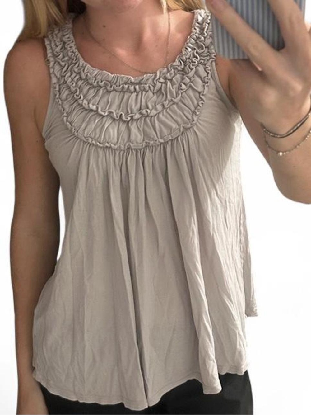 Tee Party Ruffle Yoke Sleeveless Tank — Light Taupe